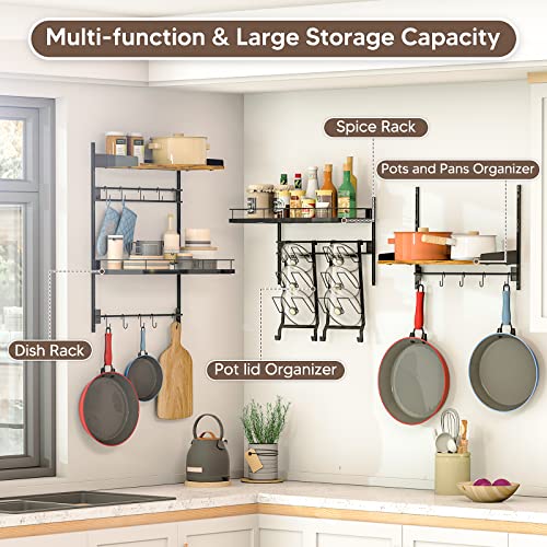 Zitaloken Hanging Pots and Pans Organizer, 2 Packs Adjustable Kitchen Shelves Wall Mounted, Pot Lid Holder Cookware & Cutting Board Storage Rack with 18 Hooks,Matte Black