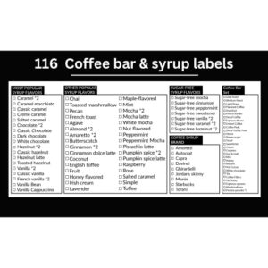 Jweltz 116 Coffee Syrup Labels - Preprinted Custom Coffee Station Stickers for Organization - Includes 86 Minimalist Syrup Dispenser Labels, 30 Coffee Bar Labels - Stainproof & Waterproof