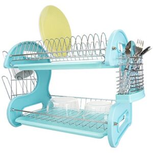 home basics 2 tier dish drainer (turquoise) dish rack for kitchen counter, with cutlery holder and cup slots