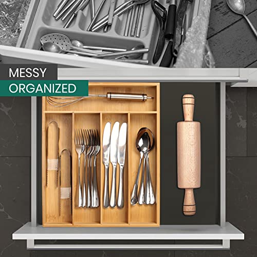 TreeLen Bamboo Utensil Organizer for Kitchen Drawers, 5 Compartments Utensil Drawer Organizer, Wooden Silverware Tray for Drawer, Cutlery Organizer in Drawer