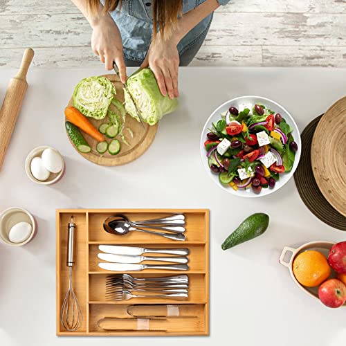 TreeLen Bamboo Utensil Organizer for Kitchen Drawers, 5 Compartments Utensil Drawer Organizer, Wooden Silverware Tray for Drawer, Cutlery Organizer in Drawer