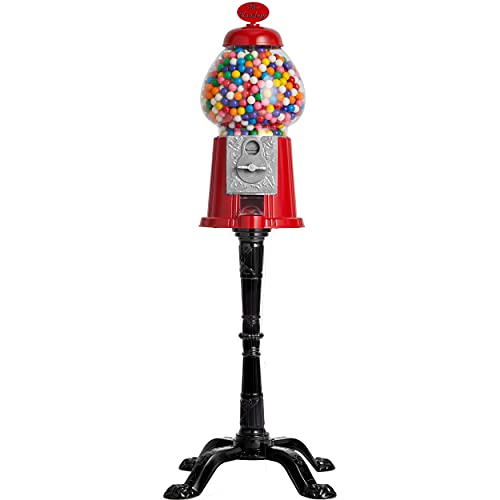 Gumball Machine - 15 Inch Candy Dispenser with Stand for 0.62 Inch Bubble Gumball - Heavy Duty Red Metal with Large Glass Bowl - Easy Twist-Off Refill - Free or Coin Operated - by The Candery