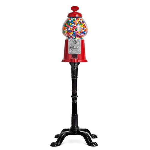 Gumball Machine - 15 Inch Candy Dispenser with Stand for 0.62 Inch Bubble Gumball - Heavy Duty Red Metal with Large Glass Bowl - Easy Twist-Off Refill - Free or Coin Operated - by The Candery