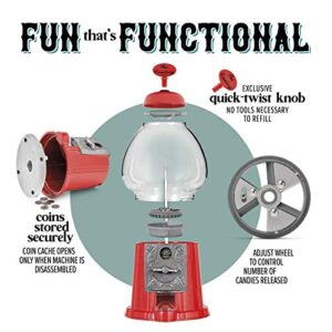 Gumball Machine - 15 Inch Candy Dispenser with Stand for 0.62 Inch Bubble Gumball - Heavy Duty Red Metal with Large Glass Bowl - Easy Twist-Off Refill - Free or Coin Operated - by The Candery