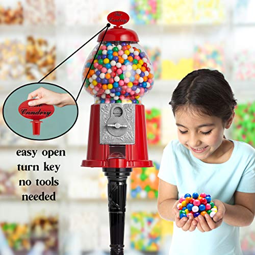 Gumball Machine - 15 Inch Candy Dispenser with Stand for 0.62 Inch Bubble Gumball - Heavy Duty Red Metal with Large Glass Bowl - Easy Twist-Off Refill - Free or Coin Operated - by The Candery