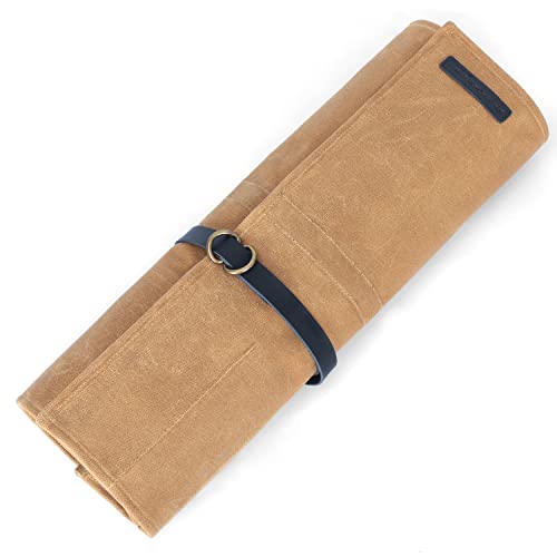 Manjushri Chef Knife Rolls with 9 Slots- Canvas Knife Roll Bag with Genuine Leather Belt (Brown)