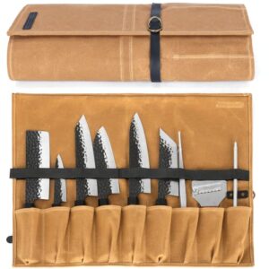 Manjushri Chef Knife Rolls with 9 Slots- Canvas Knife Roll Bag with Genuine Leather Belt (Brown)