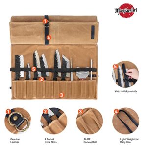 Manjushri Chef Knife Rolls with 9 Slots- Canvas Knife Roll Bag with Genuine Leather Belt (Brown)