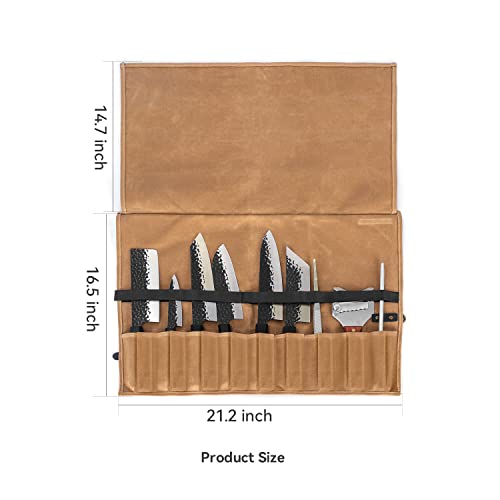 Manjushri Chef Knife Rolls with 9 Slots- Canvas Knife Roll Bag with Genuine Leather Belt (Brown)