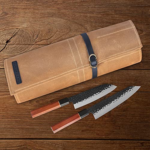 Manjushri Chef Knife Rolls with 9 Slots- Canvas Knife Roll Bag with Genuine Leather Belt (Brown)