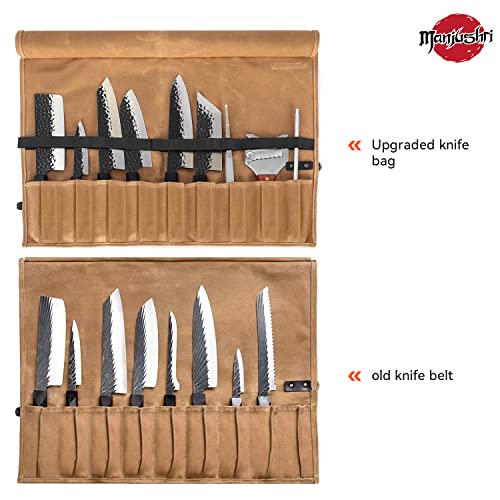 Manjushri Chef Knife Rolls with 9 Slots- Canvas Knife Roll Bag with Genuine Leather Belt (Brown)