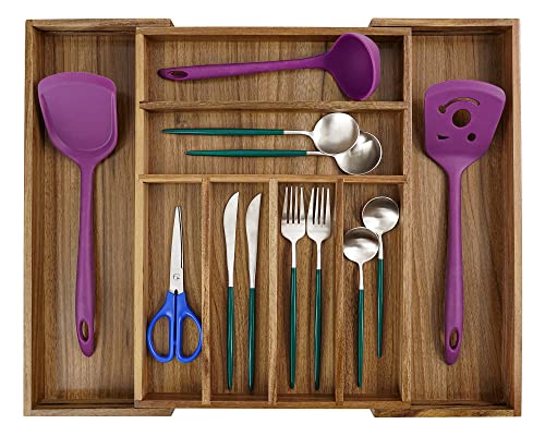 Utoplike Acacia Expandable Cutlery Drawer Organizer, Adjustable Kitchen Silverware Drawer Organizer, Wooden Utensil Tray Holder Organiser, Drawer Divider for Flatware, Knives in Kitchen