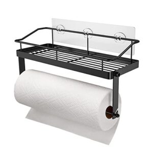 adhesive paper towel holder shelf, 2-in-1 wall mounted black paper towel roll rack basket for kitchen,shower bathroom & balcony,rustproof,no drilling,sus 304 stainless steel