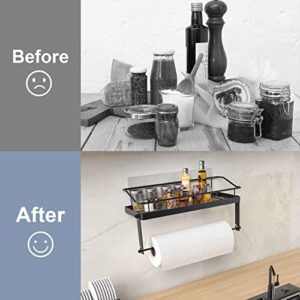 Adhesive Paper Towel Holder Shelf, 2-in-1 Wall Mounted Black Paper Towel Roll Rack Basket for Kitchen,Shower Bathroom & Balcony,Rustproof,No Drilling,SUS 304 Stainless Steel