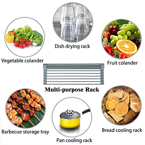 Hhyn Over The Sink Roll-Up Dish Drying Rack 17"(L) x 13"(W), Silicone Coated Stainless Steel Multipurpose Dish Drainer Mat for Kitchen, Gray - Small