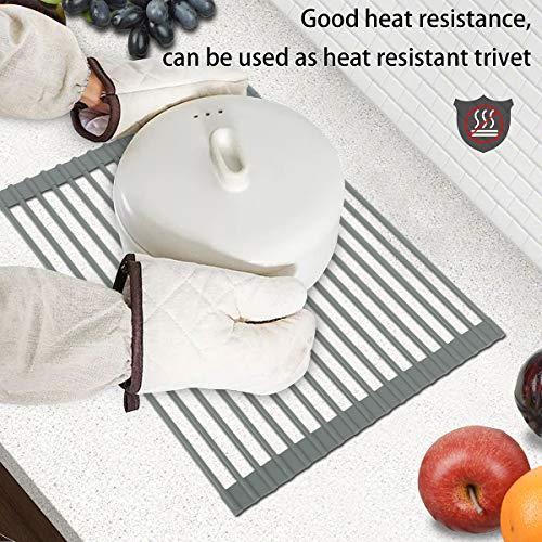 Hhyn Over The Sink Roll-Up Dish Drying Rack 17"(L) x 13"(W), Silicone Coated Stainless Steel Multipurpose Dish Drainer Mat for Kitchen, Gray - Small