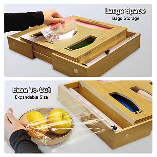 Ella & Emma Zip Lock Bag Organizer - Bamboo Zip Lock Bag Organization and Storage, Foil & Plastic Wrap Dispenser with Cutter, Expandable Kitchen Organization for Storage Drawers, 13.2 by 13.6 by 3 in