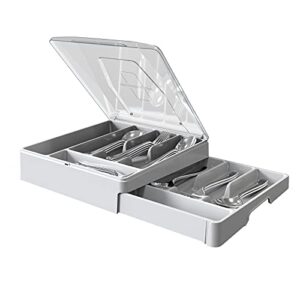 geerna double layer silverware tray with lid, utensil holder for countertop flatware organizer for kitchen drawers with 2 tier cutlery tray and 9 compartments silverware storage bin (white)