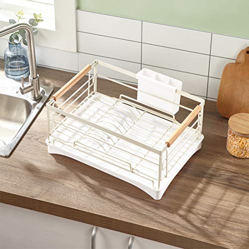 HengLiSam Kitchen Dish Drainer, Dish Rack Dish Drying Rack with Full-Mesh Storage Basket (White)