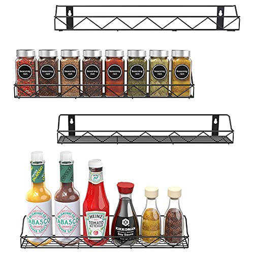 Wall Mounted Spice Racks Organizer, Auledio 4 Pack Seasoning Shelves Organizers for Cabinet, Storage Rack Hanging Shelf Set for Kitchen, Cupboard, Pantry Door, Bathroom, Black