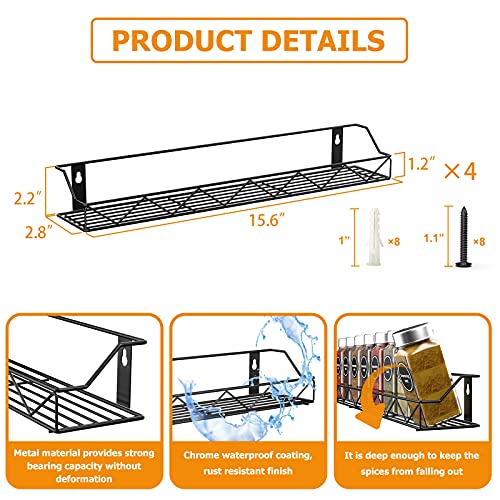 Wall Mounted Spice Racks Organizer, Auledio 4 Pack Seasoning Shelves Organizers for Cabinet, Storage Rack Hanging Shelf Set for Kitchen, Cupboard, Pantry Door, Bathroom, Black