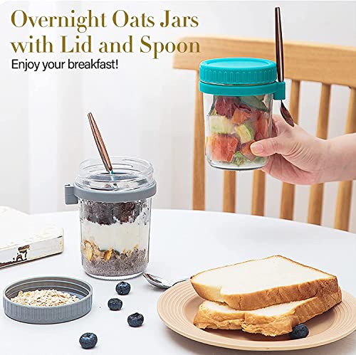 KesaPlan Overnight Oats Containers with Lid and Spoon Set of 2, 10 oz Large Airtight Capacity Overnight Oats Jars with Measurement Marks, Reusable On The Go Cups for Salads Yogurt Cereal Milk