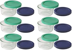 pyrex storage 1 cup round dish, clear with green + blue lids, pack of 6, with green & blue
