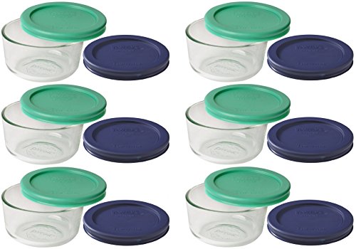 Pyrex Storage 1 Cup Round Dish, Clear with Green + Blue Lids, Pack of 6, with Green & Blue