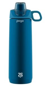 pogo active vacuum insulated stainless steel water bottle with leak proof chug lid and silicone carry loop, powdercoat, poseidon, 26 oz