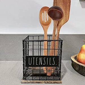 Rae Dunn Utensil Caddy - Silverware Holder, Cutlery Caddy for Fork, Knife and Spoon - Rustic Farmhouse Metal Grid-Iron Frame - Kitchen Organizer and Countertop Space Saver for Flatware