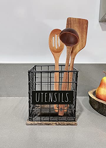 Rae Dunn Utensil Caddy - Silverware Holder, Cutlery Caddy for Fork, Knife and Spoon - Rustic Farmhouse Metal Grid-Iron Frame - Kitchen Organizer and Countertop Space Saver for Flatware