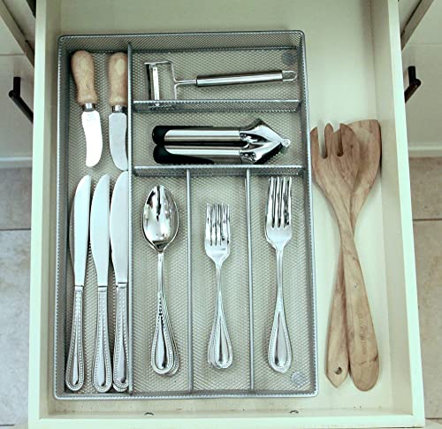 Mesh Large Cutlery Tray with Foam Feet - 6 Compartments - Kitchen Organization/Silverware Storage Utensil Flatware Tray