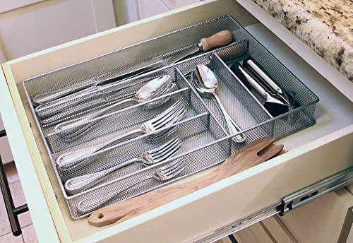 Mesh Large Cutlery Tray with Foam Feet - 6 Compartments - Kitchen Organization/Silverware Storage Utensil Flatware Tray