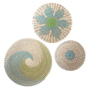 gogift wall basket decor – wicker coastal for home baskets hanging woven boho beach rattan seagrass set of 3 beige teal blue and light green