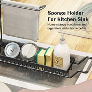 Sponge Holder for Kitchen Sink Telescopic Sink Storage Rack, Expandable for Sponge Brush Soap Dish Cloth Rag 16.7" to 21.3"(201 Stainless Steel) (201Black)