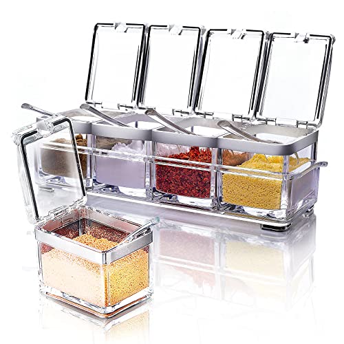 Acrylic Seasoning Box Set, 4 Piece Clear Seasoning Rack Spice Pots, Premium Quality Storage Container Condiment Jars for Spice Salt Sugar Cruet Kitchen Organization Containers with Cover and Spoon