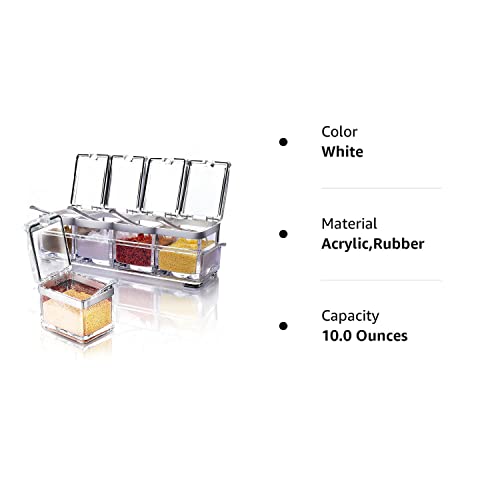 Acrylic Seasoning Box Set, 4 Piece Clear Seasoning Rack Spice Pots, Premium Quality Storage Container Condiment Jars for Spice Salt Sugar Cruet Kitchen Organization Containers with Cover and Spoon