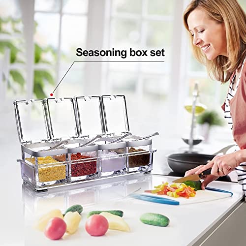 Acrylic Seasoning Box Set, 4 Piece Clear Seasoning Rack Spice Pots, Premium Quality Storage Container Condiment Jars for Spice Salt Sugar Cruet Kitchen Organization Containers with Cover and Spoon