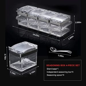 Acrylic Seasoning Box Set, 4 Piece Clear Seasoning Rack Spice Pots, Premium Quality Storage Container Condiment Jars for Spice Salt Sugar Cruet Kitchen Organization Containers with Cover and Spoon