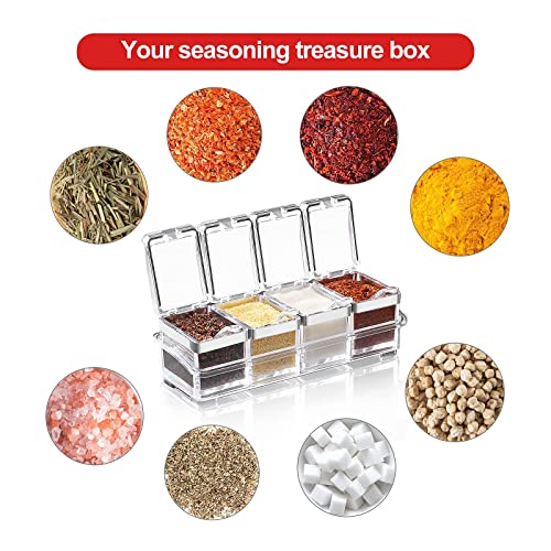 Acrylic Seasoning Box Set, 4 Piece Clear Seasoning Rack Spice Pots, Premium Quality Storage Container Condiment Jars for Spice Salt Sugar Cruet Kitchen Organization Containers with Cover and Spoon