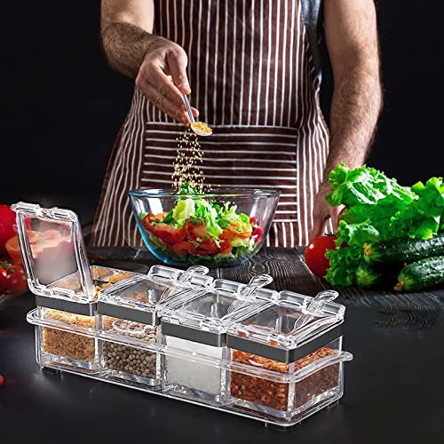 Acrylic Seasoning Box Set, 4 Piece Clear Seasoning Rack Spice Pots, Premium Quality Storage Container Condiment Jars for Spice Salt Sugar Cruet Kitchen Organization Containers with Cover and Spoon