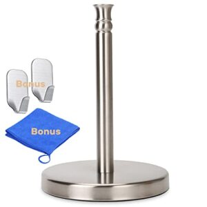 paper towel holder countertop, stainless steel heavy base (3lbs in weight, and 7.5inch in diameter) , paper towel rack, ripping paper towel off one-handed, no wobbly (brushed nickel)