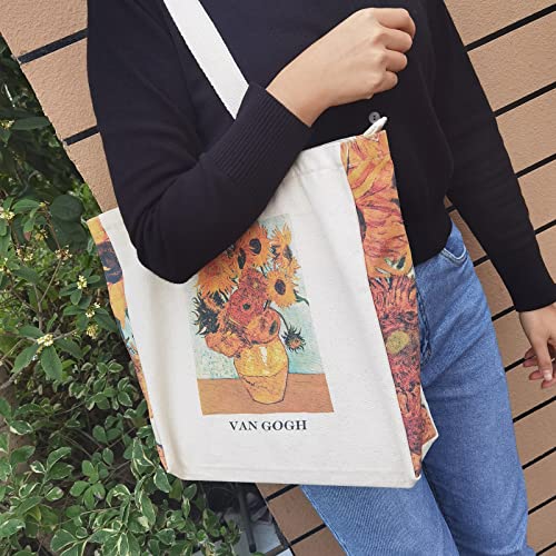 BROADREAM Canvas Tote Bag Aesthetic - Zippered Tote Bag with Interior Pocket by Shoulder Tote Bags for Women Shopping,School