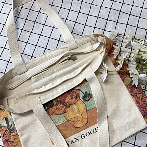 BROADREAM Canvas Tote Bag Aesthetic - Zippered Tote Bag with Interior Pocket by Shoulder Tote Bags for Women Shopping,School