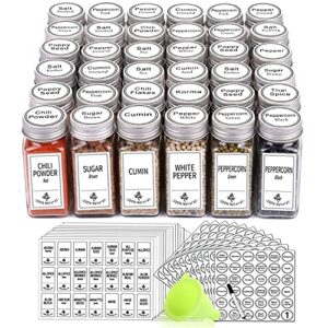 swommoly 36 glass spice jars with 806 white spice labels, chalk marker and funnel complete set. square bottles 4 oz empty spice containers, airtight cap, pour/sift shaker lid