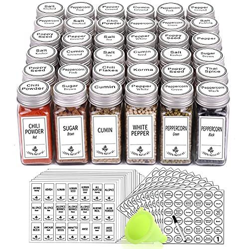 SWOMMOLY 36 Glass Spice Jars with 806 White Spice Labels, Chalk Marker and Funnel Complete Set. Square Bottles 4 oz Empty Spice Containers, Airtight Cap, Pour/sift Shaker Lid