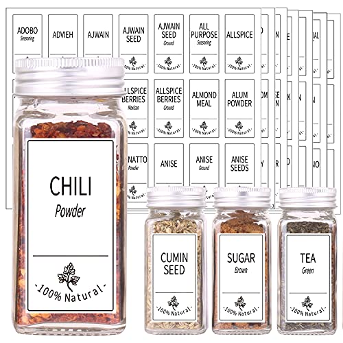 SWOMMOLY 36 Glass Spice Jars with 806 White Spice Labels, Chalk Marker and Funnel Complete Set. Square Bottles 4 oz Empty Spice Containers, Airtight Cap, Pour/sift Shaker Lid