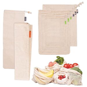 qrafty | organic cotton produce bags | pack of 7 + 1 | compact, biodegradable, food safe mesh & muslin bag set | reusable and washable | ultra strong, drawstring bags for grocery shopping