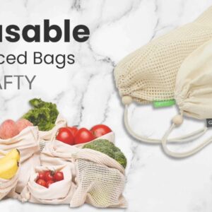 QRAFTY | Organic Cotton Produce Bags | Pack of 7 + 1 | Compact, Biodegradable, Food Safe Mesh & Muslin Bag Set | Reusable and Washable | Ultra Strong, Drawstring Bags for Grocery Shopping