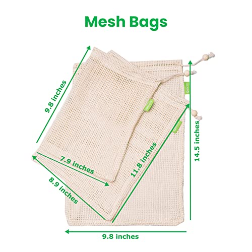 QRAFTY | Organic Cotton Produce Bags | Pack of 7 + 1 | Compact, Biodegradable, Food Safe Mesh & Muslin Bag Set | Reusable and Washable | Ultra Strong, Drawstring Bags for Grocery Shopping